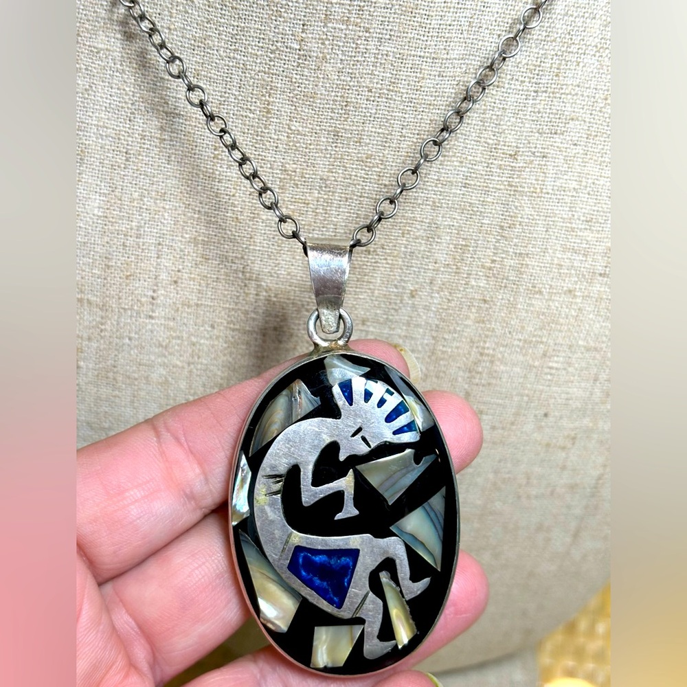 Alpaca Silver & Abalone KOKOPELLI large pendant with sterling silver 925 chain